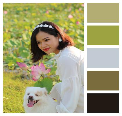 Dog Lotus Flowers Vietnamese Woman Image